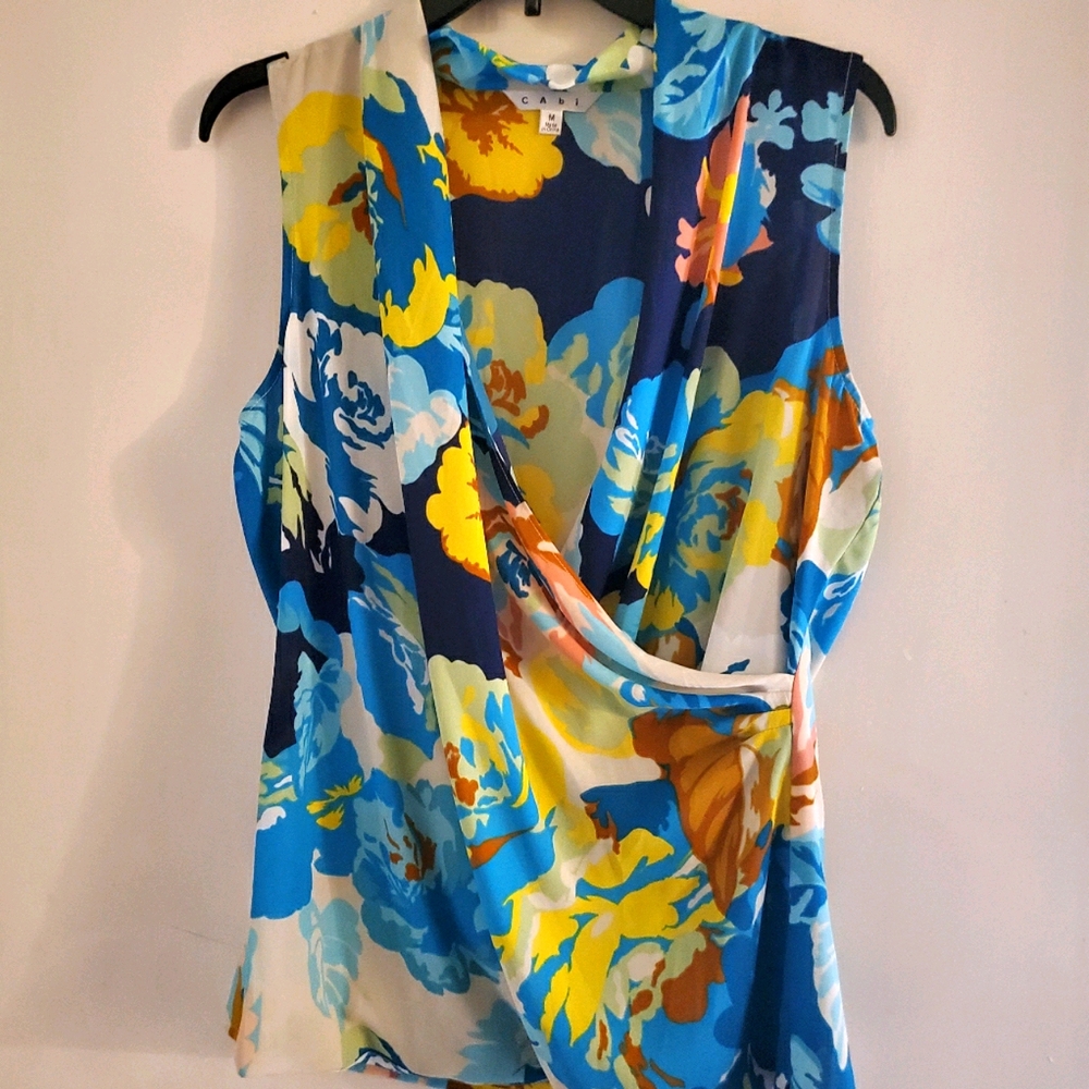 CAbi Blue Tropical Floral blouse